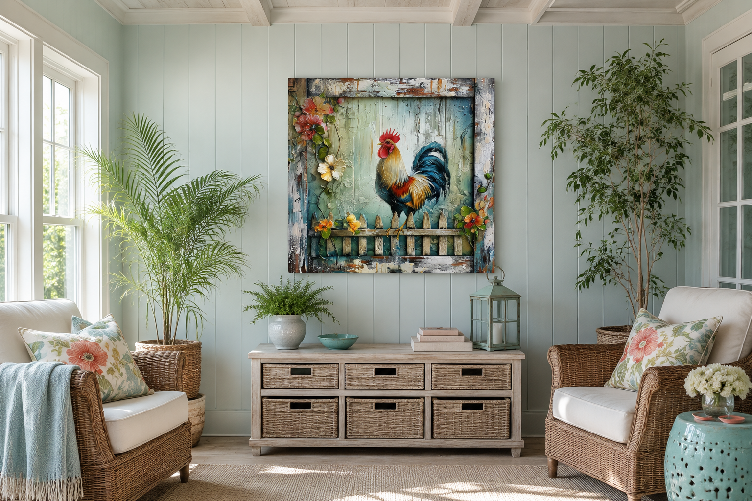 Rooster On The Fence Rustic Farmhouse Framed Canvas Wall Art
