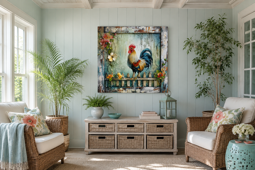 Rooster On The Fence Rustic Farmhouse Framed Canvas Wall Art