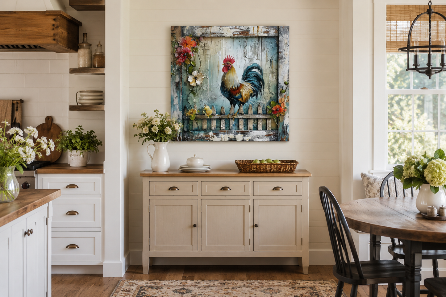 Rooster On The Fence Rustic Farmhouse Framed Canvas Wall Art