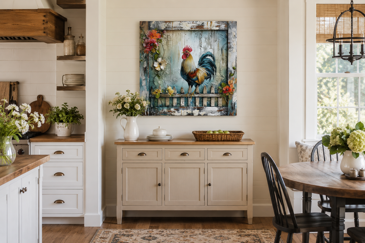 Rooster On The Fence Rustic Farmhouse Framed Canvas Wall Art