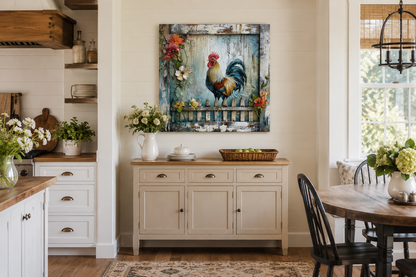 Rooster On The Fence Rustic Farmhouse Framed Canvas Wall Art
