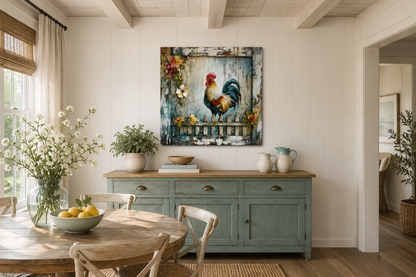 Rooster On The Fence Rustic Farmhouse Framed Canvas Wall Art