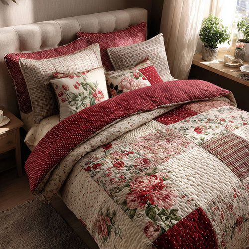 Rosy Cottage Romance 3-Piece Quilted Bedding Set - Single (59" x 70")