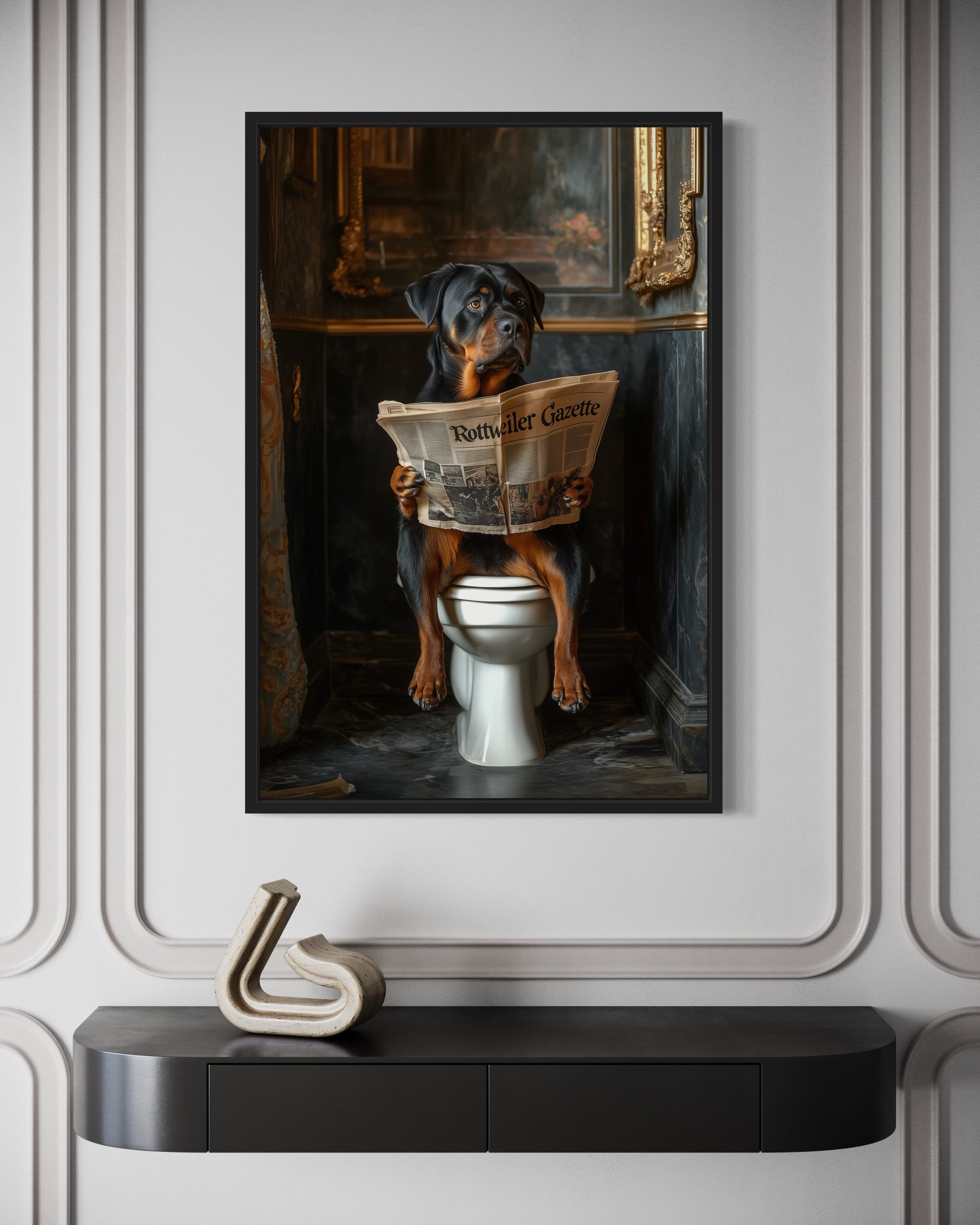 Rottweiler Dog On The Toilet Reading Newspaper Picture Canvas Wall Art