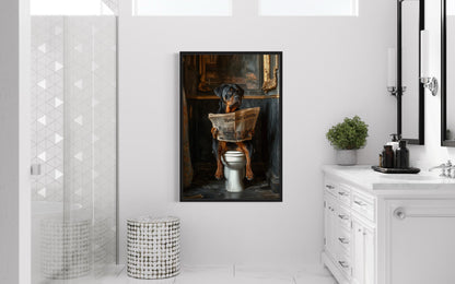 Rottweiler Dog On The Toilet Reading Newspaper Picture Canvas Wall Art