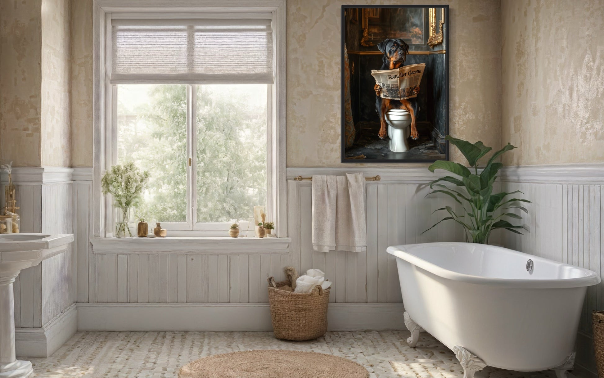 Rottweiler Dog On The Toilet Reading Newspaper Picture Canvas Wall Art