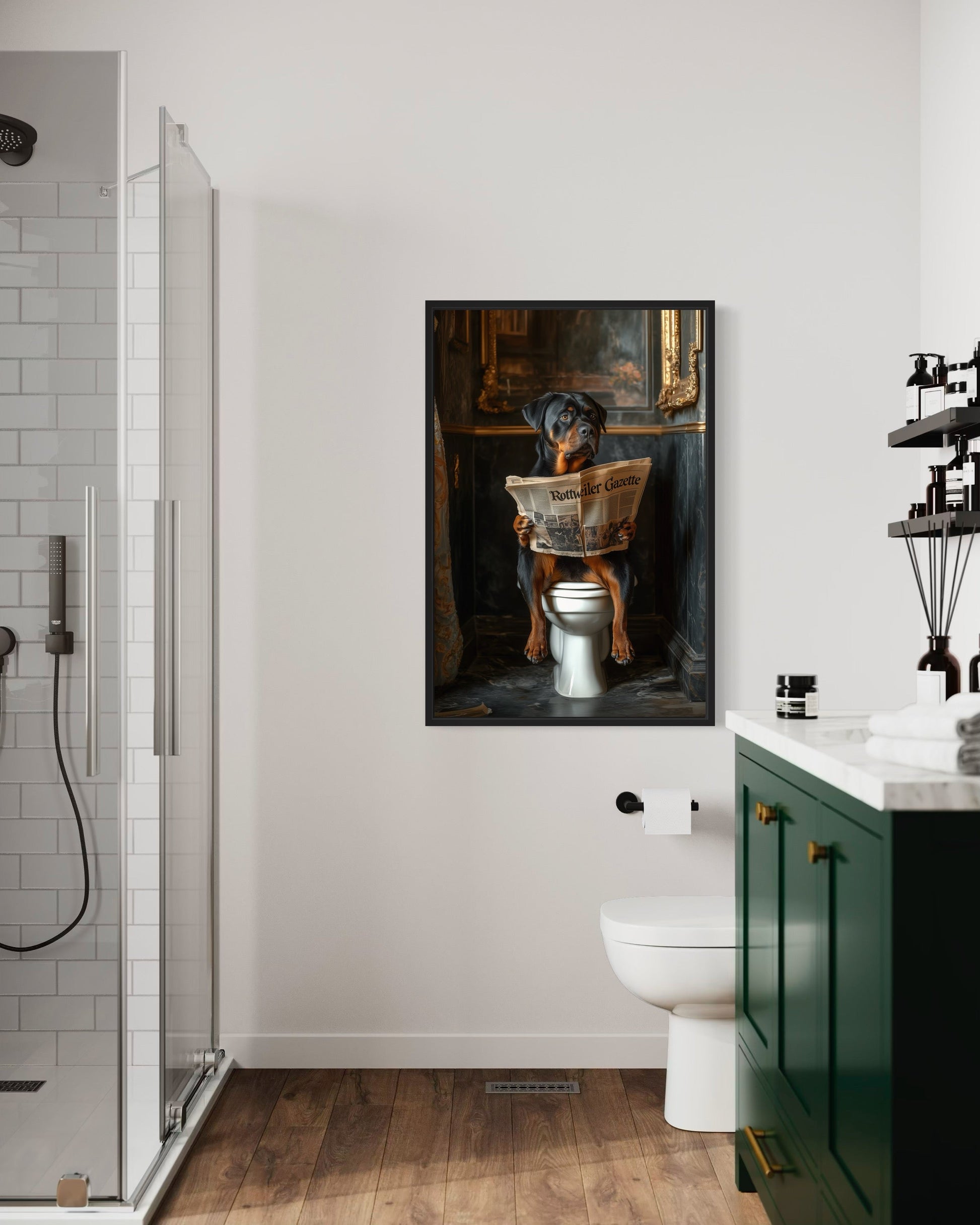 Rottweiler Dog On The Toilet Reading Newspaper Picture Canvas Wall Art