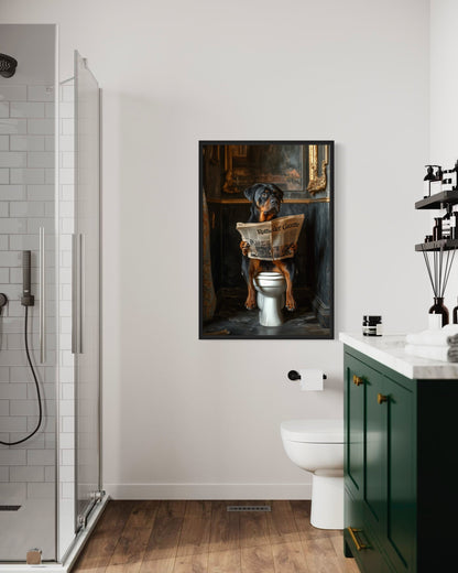 Rottweiler Dog On The Toilet Reading Newspaper Picture Canvas Wall Art
