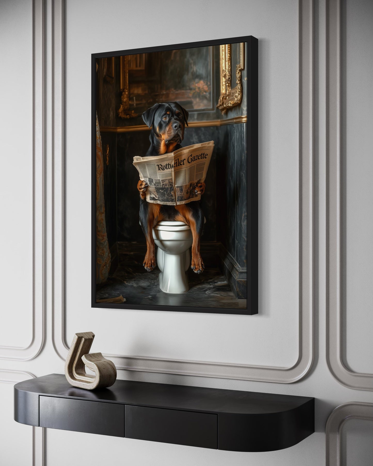 Rottweiler Dog On The Toilet Reading Newspaper Picture Canvas Wall Art