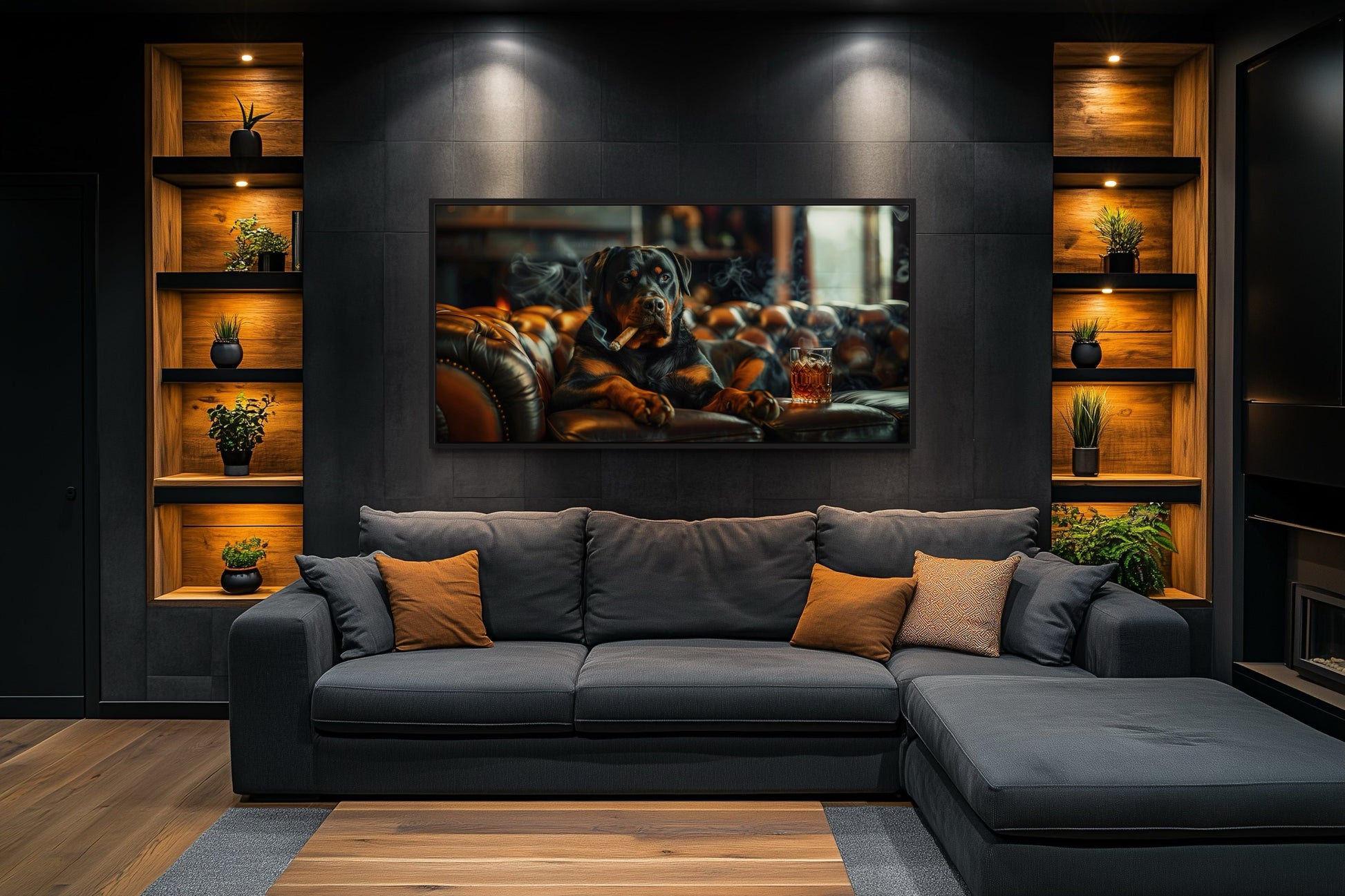Rottweiler Wall Art – Framed Dog Painting | Man Cave Decor & Whiskey Bar Style