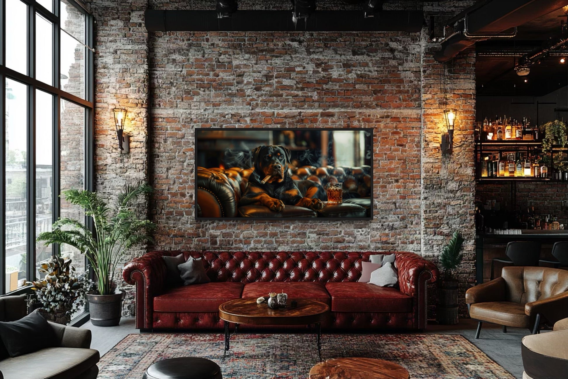 Rottweiler Wall Art – Framed Dog Painting | Man Cave Decor & Whiskey Bar Style