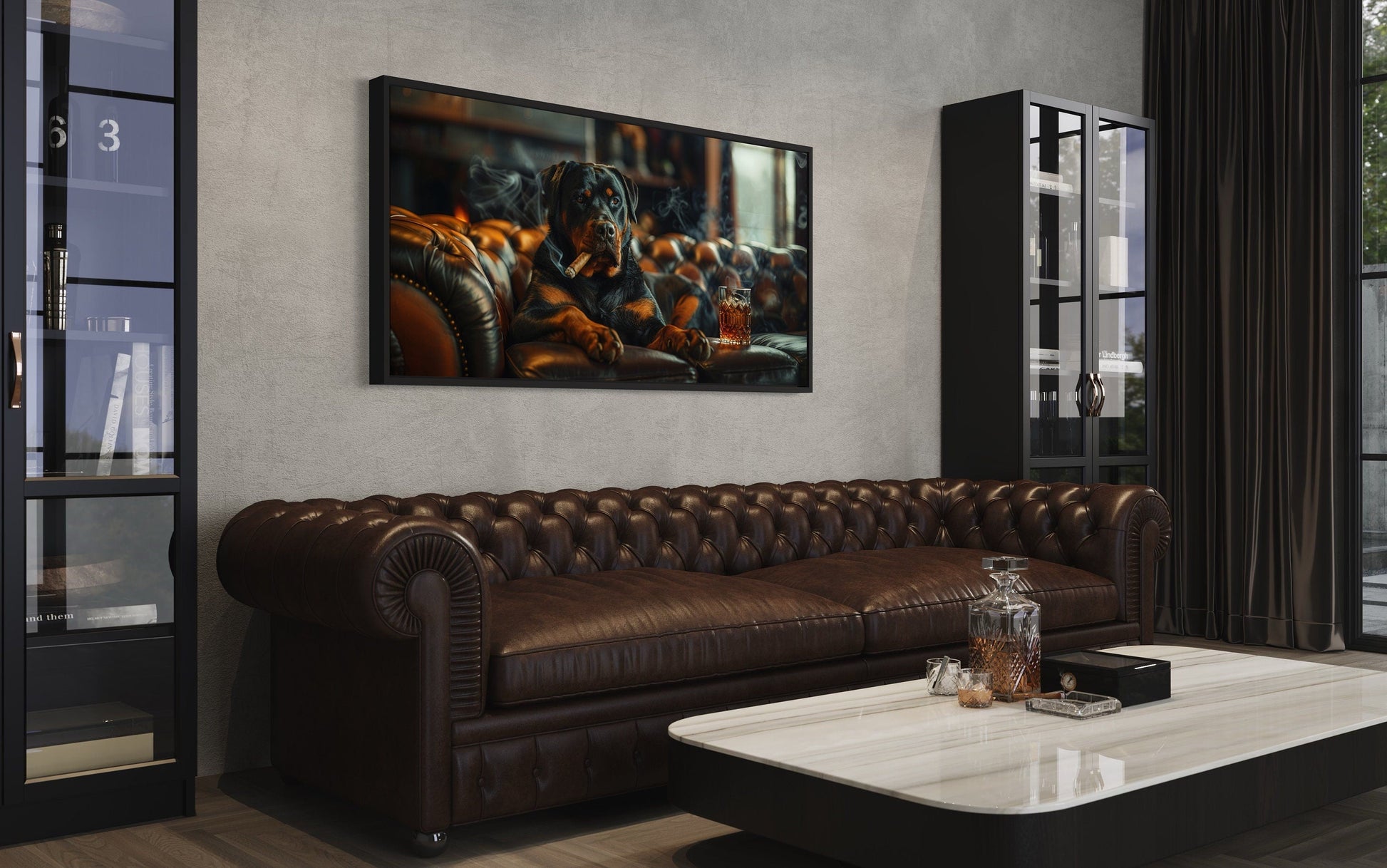 Rottweiler Wall Art – Framed Dog Painting | Man Cave Decor & Whiskey Bar Style