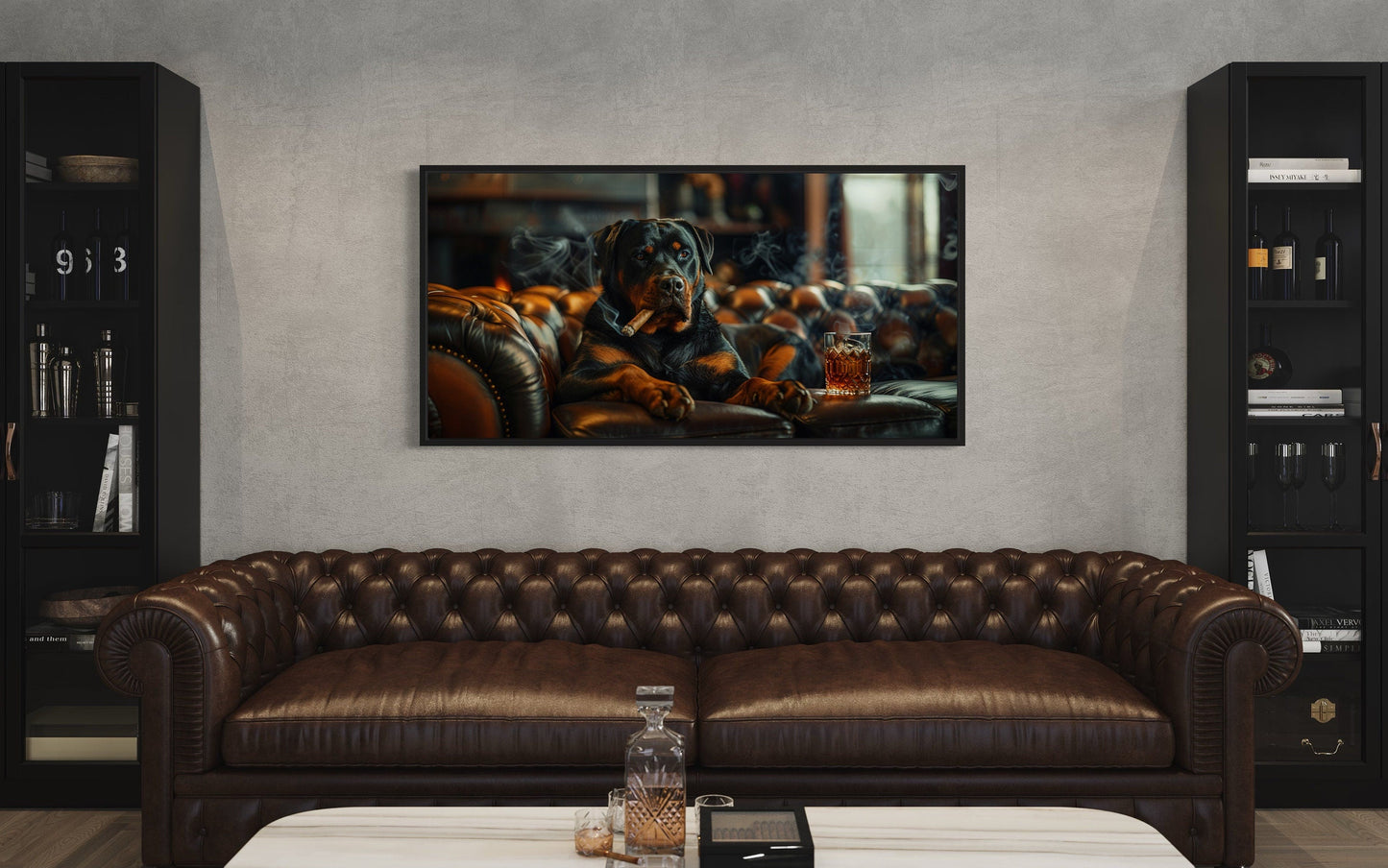 Rottweiler Wall Art – Framed Dog Painting | Man Cave Decor & Whiskey Bar Style