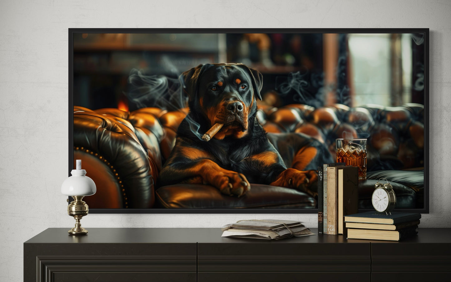 Rottweiler Wall Art – Framed Dog Painting | Man Cave Decor & Whiskey Bar Style