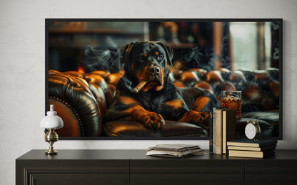 Rottweiler Wall Art – Framed Dog Painting | Man Cave Decor & Whiskey Bar Style