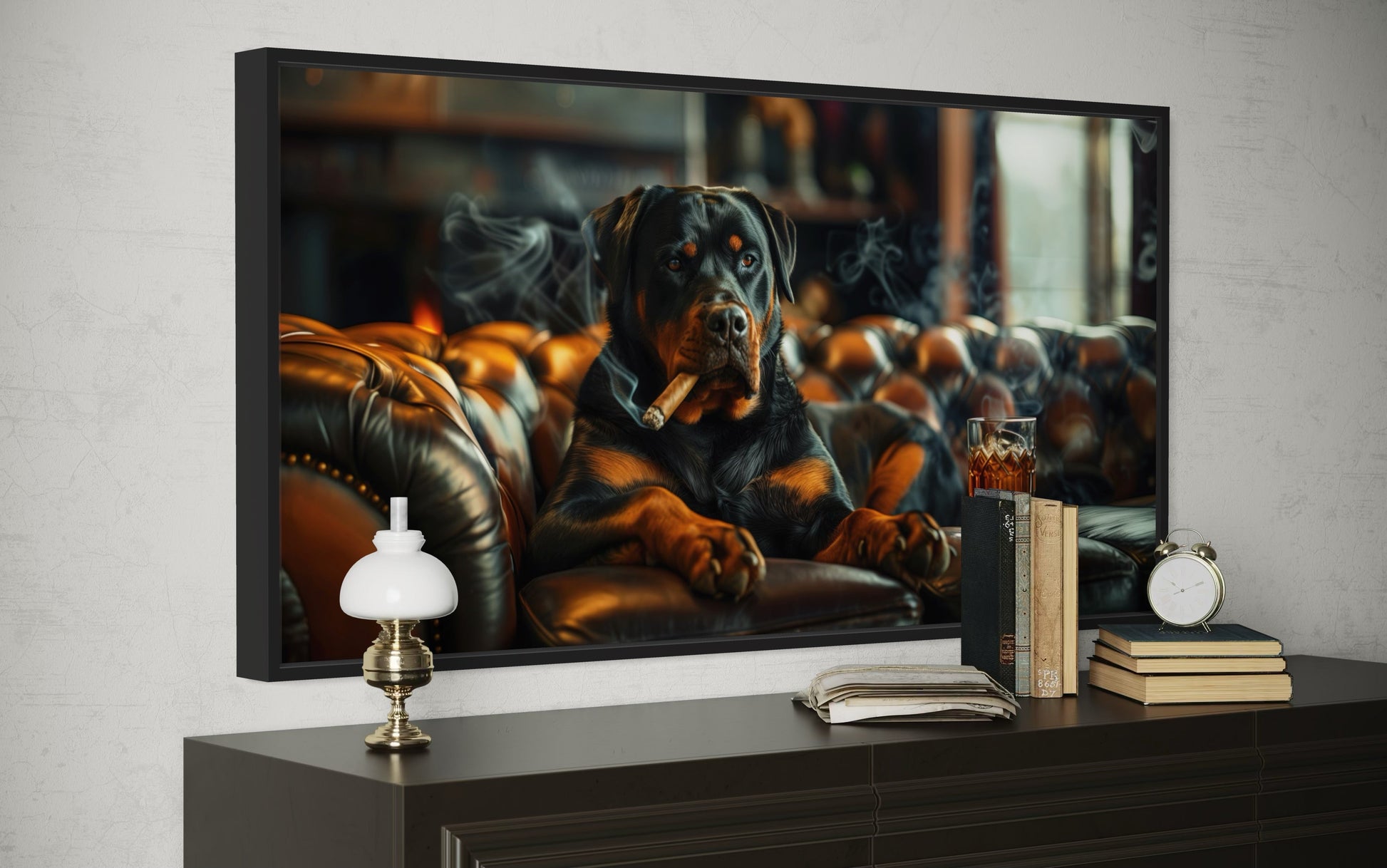 Rottweiler Wall Art – Framed Dog Painting | Man Cave Decor & Whiskey Bar Style