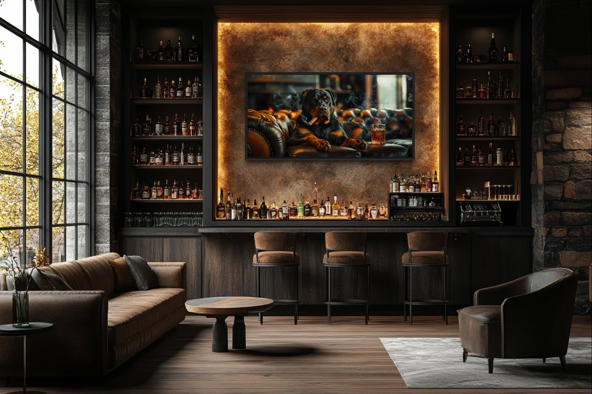 Rottweiler Wall Art – Framed Dog Painting | Man Cave Decor & Whiskey Bar Style