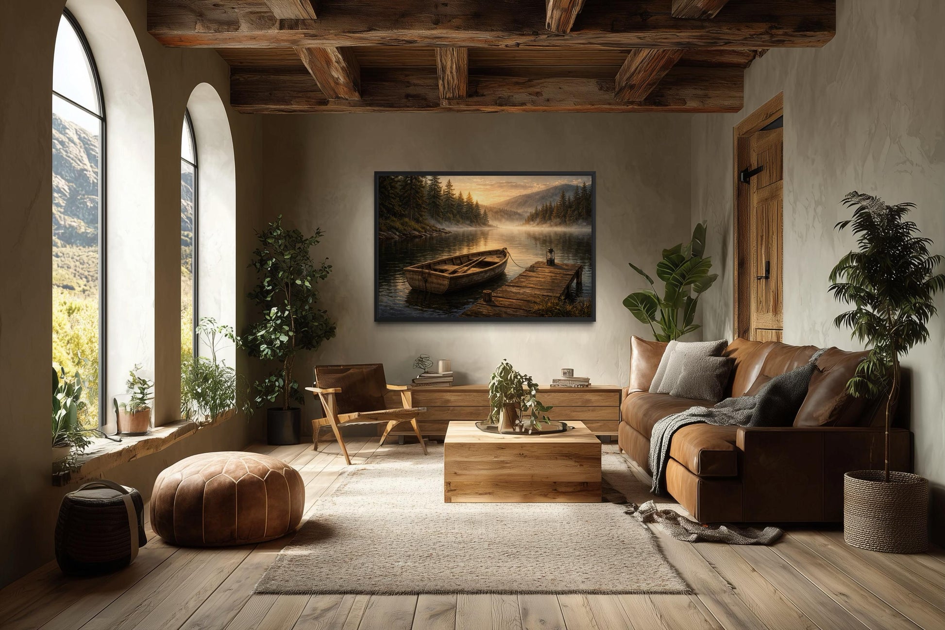 Rowboat Wall Art – Rustic Boat Painting on Canvas | Peaceful Lake Dock Scene