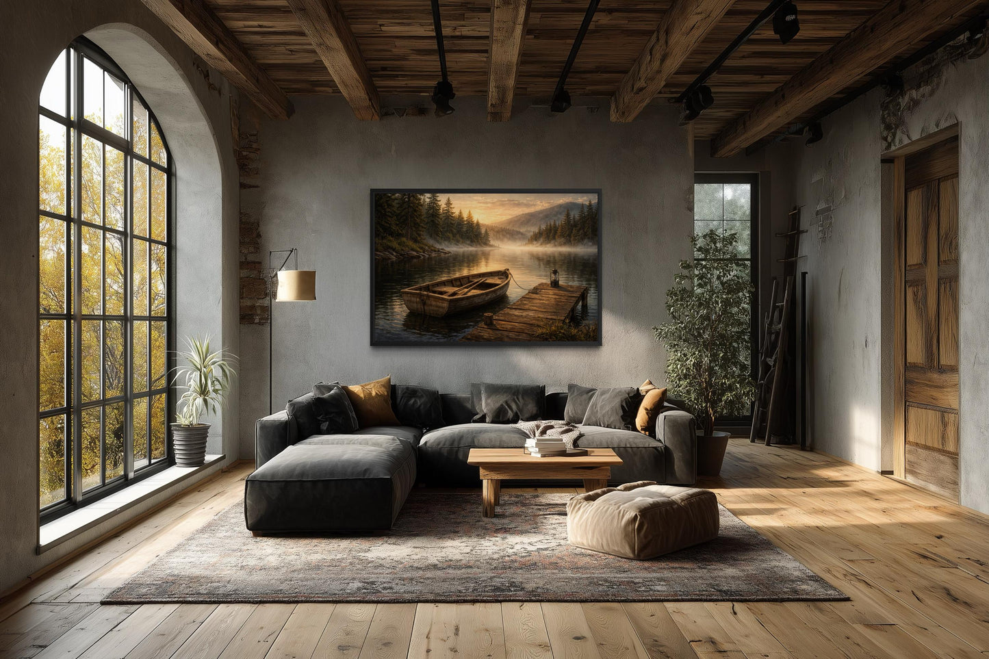 Rowboat Wall Art – Rustic Boat Painting on Canvas | Peaceful Lake Dock Scene