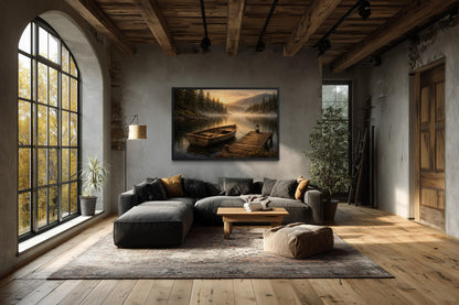 Rowboat Wall Art – Rustic Boat Painting on Canvas | Peaceful Lake Dock Scene