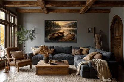 Rowboat Wall Art – Rustic Boat Painting on Canvas | Peaceful Lake Dock Scene