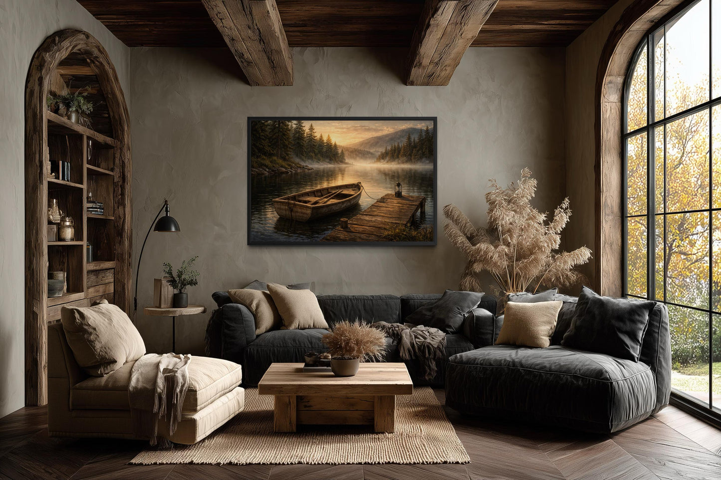 Rowboat Wall Art – Rustic Boat Painting on Canvas | Peaceful Lake Dock Scene