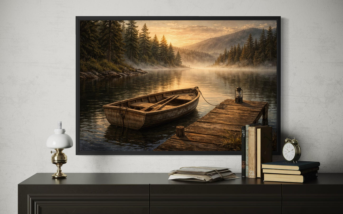 Rowboat Wall Art – Rustic Boat Painting on Canvas | Peaceful Lake Dock Scene