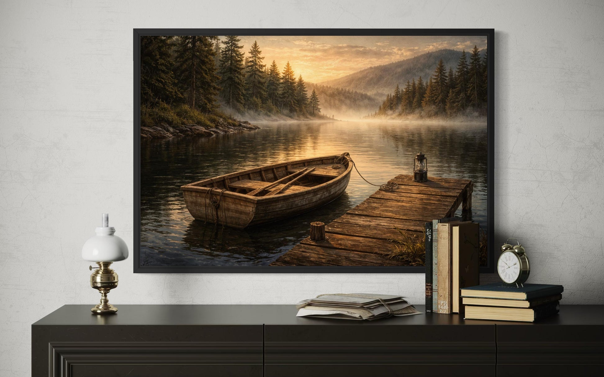 Rowboat Wall Art – Rustic Boat Painting on Canvas | Peaceful Lake Dock Scene