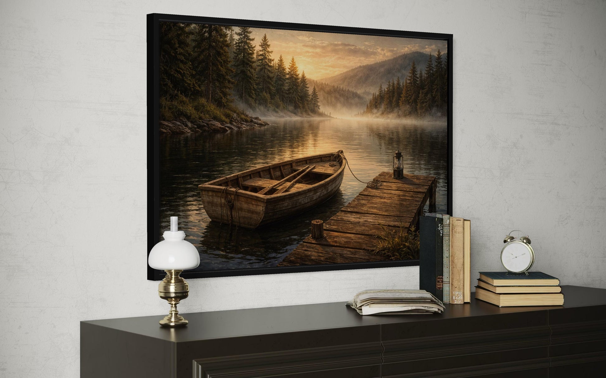 Rowboat Wall Art – Rustic Boat Painting on Canvas | Peaceful Lake Dock Scene