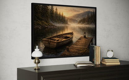 Rowboat Wall Art – Rustic Boat Painting on Canvas | Peaceful Lake Dock Scene