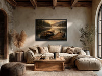 Rowboat Wall Art – Rustic Boat Painting on Canvas | Peaceful Lake Dock Scene