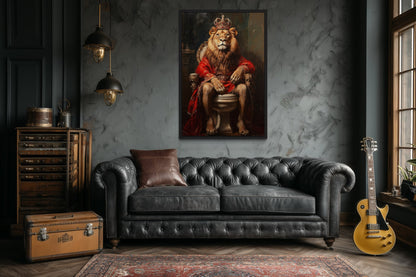 Royal Lion With Crown Sitting on Toilet Framed Canvas Picture
