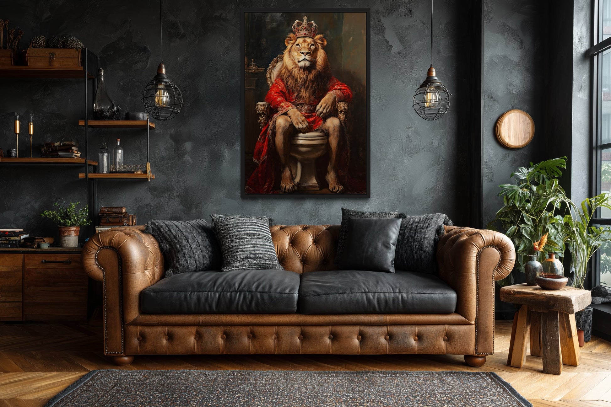Royal Lion With Crown Sitting on Toilet Framed Canvas Picture