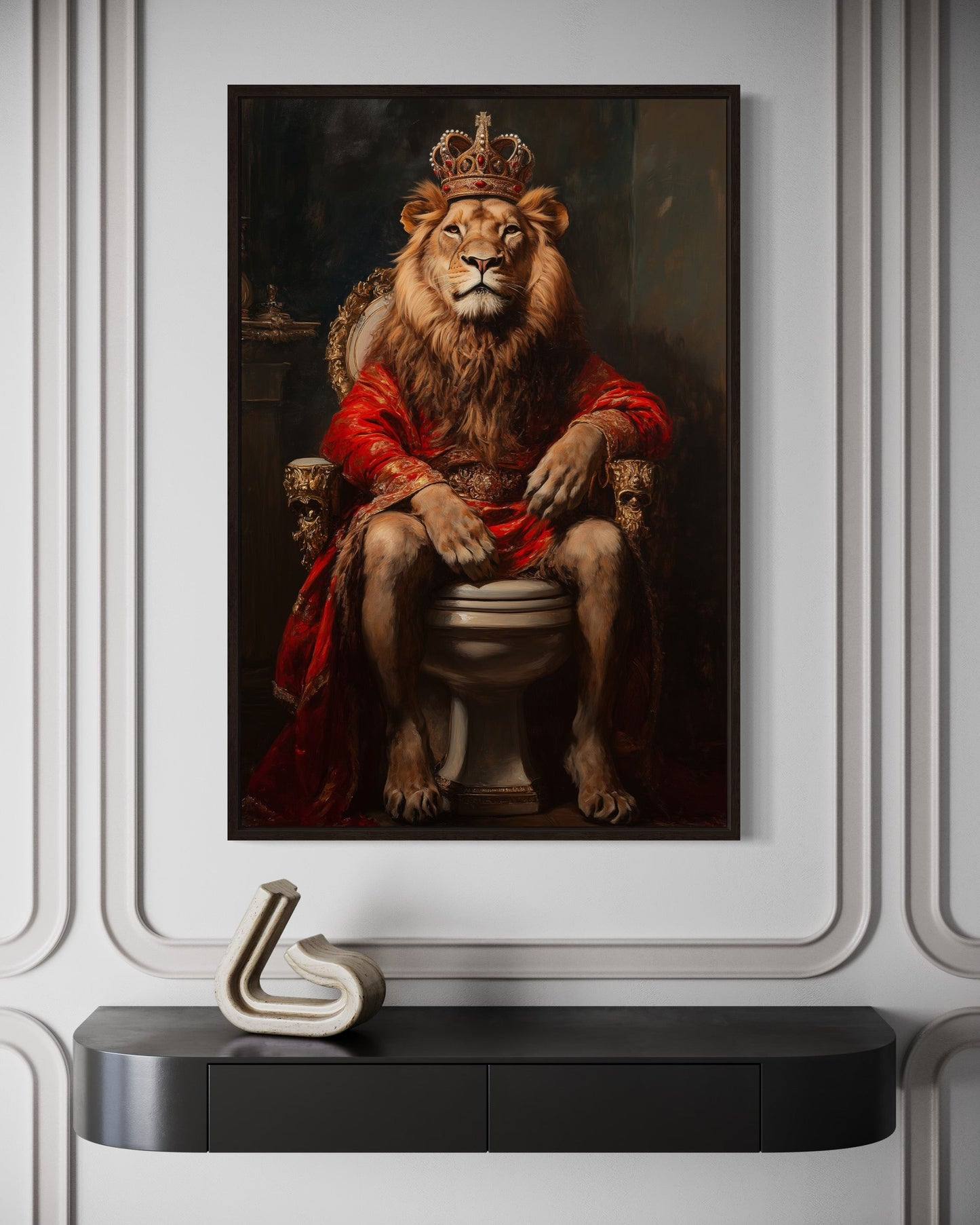 Royal Lion With Crown Sitting on Toilet Framed Canvas Picture
