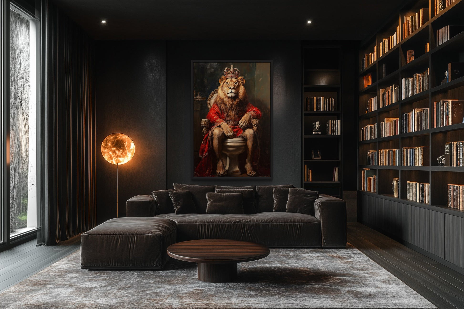 Royal Lion With Crown Sitting on Toilet Framed Canvas Picture