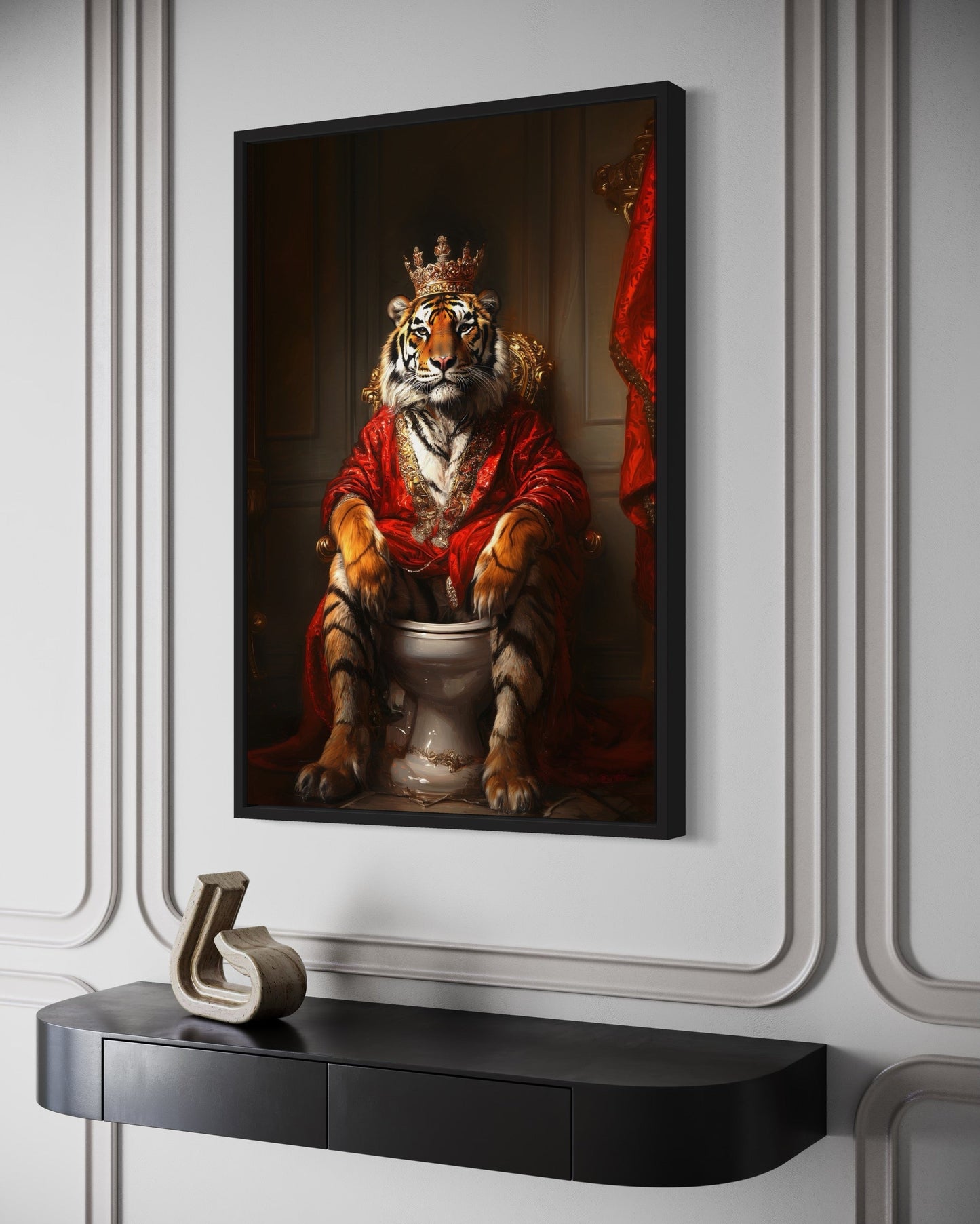 Royal Tiger With Crown Sitting on Toilet Framed Canvas Picture