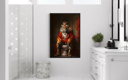 Royal Tiger With Crown Sitting on Toilet Framed Canvas Picture
