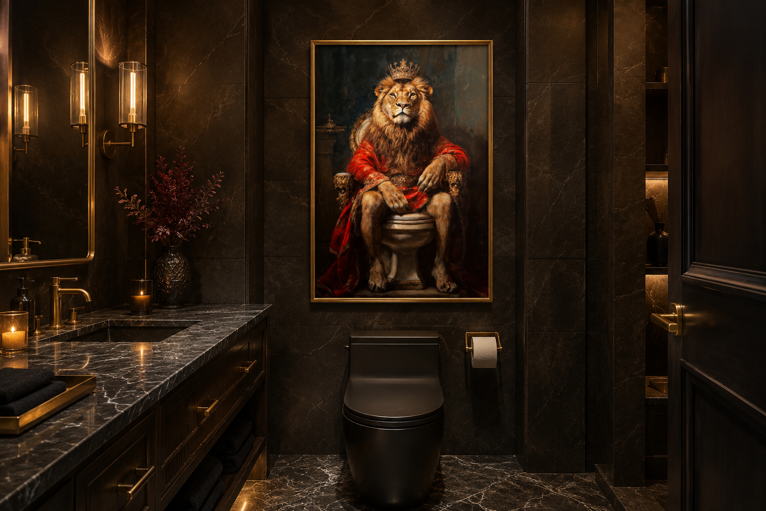 Royal Lion With Crown Sitting on Toilet Framed Canvas Picture
