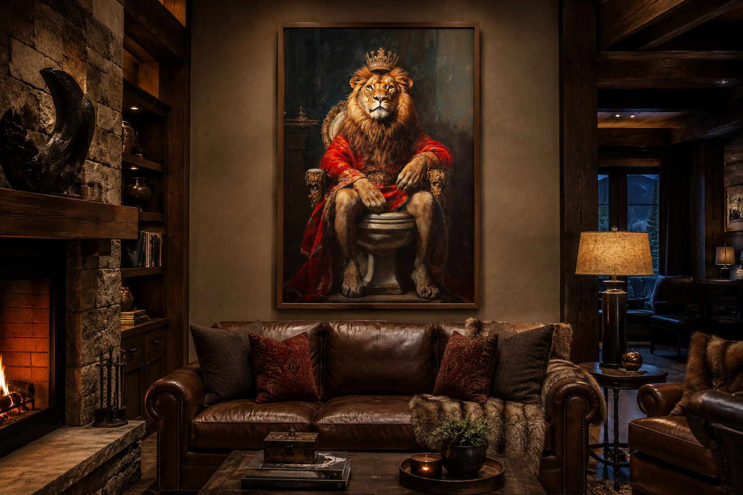Royal Lion With Crown Sitting on Toilet Framed Canvas Picture