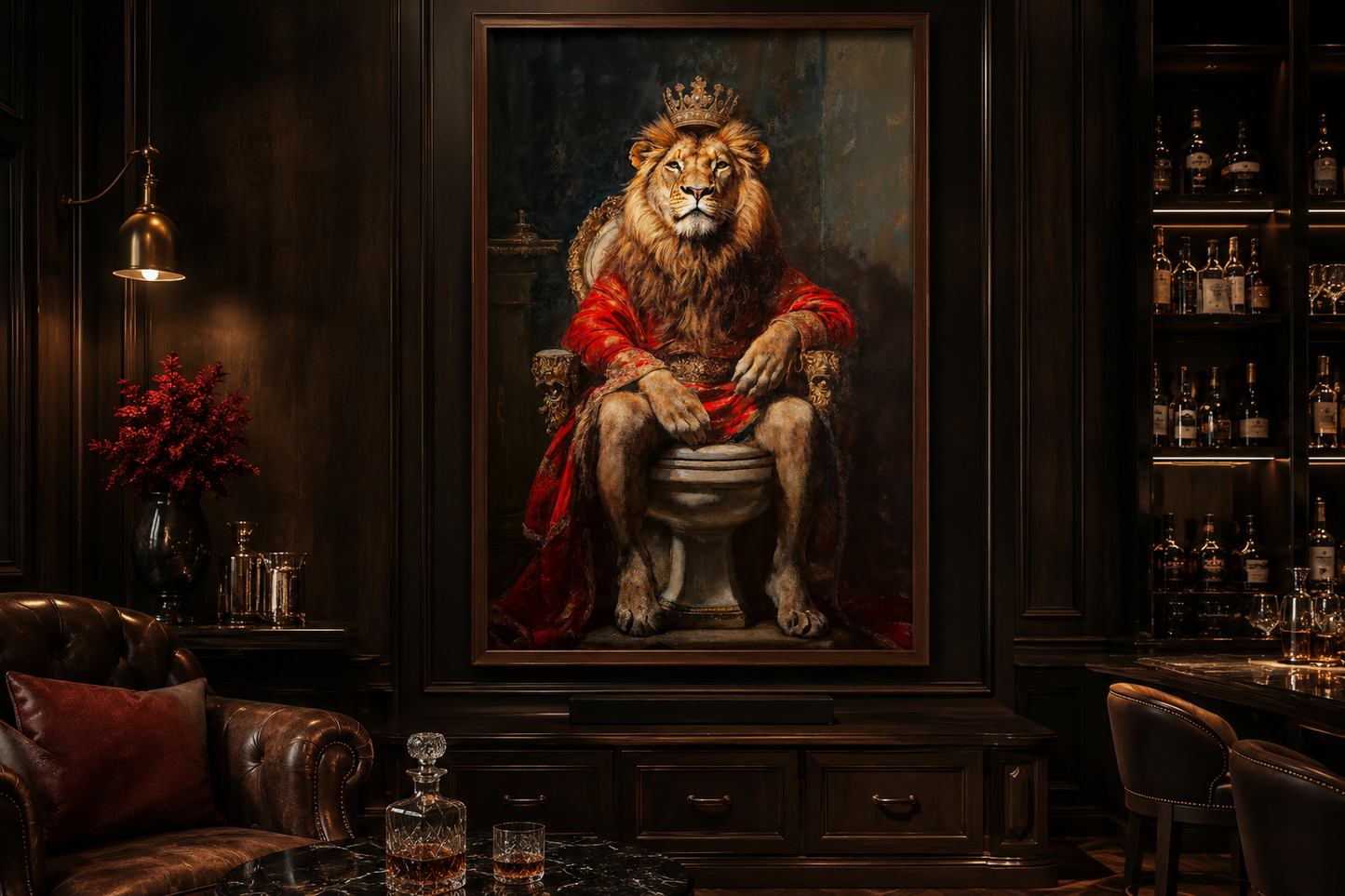 Royal Lion With Crown Sitting on Toilet Framed Canvas Picture