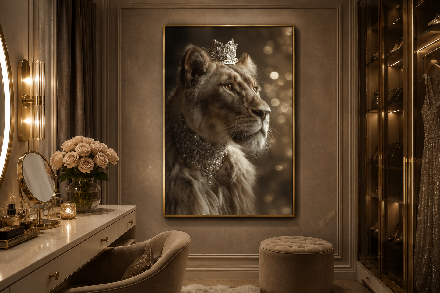 Royal Lioness Queen With Crown And Jewellery Canvas Wall Art