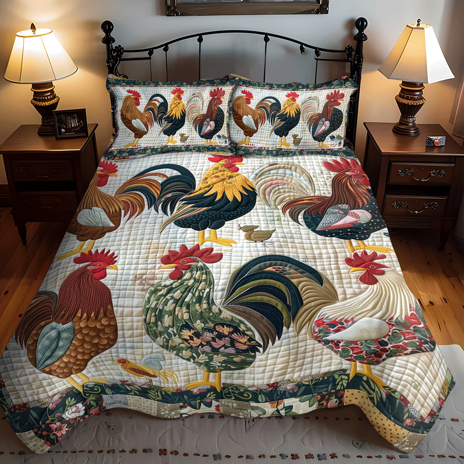 Twin (69'' x 90'') /Sunrise Roosters 3-Piece Quilted Bedding Set