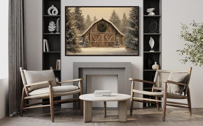 Rustic Barn Christmas Canvas Wall Art Framed Holiday Decor