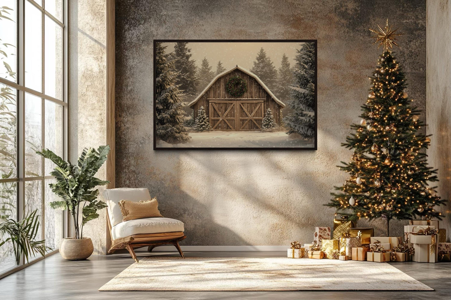 Rustic Barn Christmas Canvas Wall Art Framed Holiday Decor