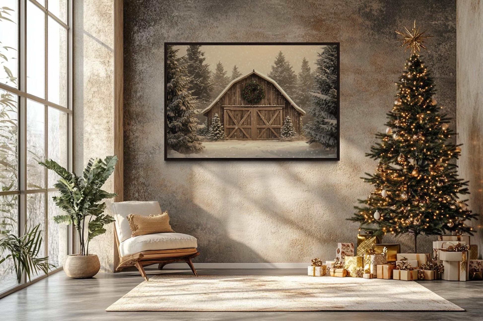 Rustic Barn Christmas Canvas Wall Art Framed Holiday Decor