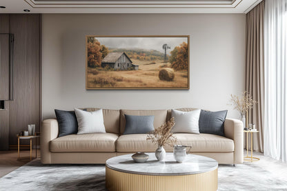 Rustic Barn, Hay Bale, and Windmill in Fall Landscape Canvas Wall Art