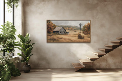 Rustic Barn, Hay Bale, and Windmill in Fall Landscape Canvas Wall Art