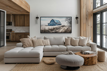 Rustic Barn Wall Art - Blue Barn Canvas Painting for Farmhouse Wall Decor