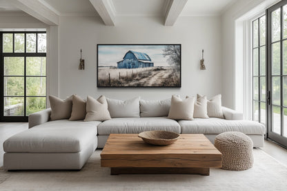 Rustic Barn Wall Art - Blue Barn Canvas Painting for Farmhouse Wall Decor