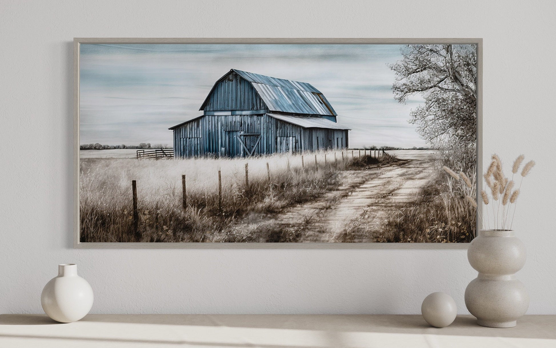Rustic Barn Wall Art - Blue Barn Canvas Painting for Farmhouse Wall Decor